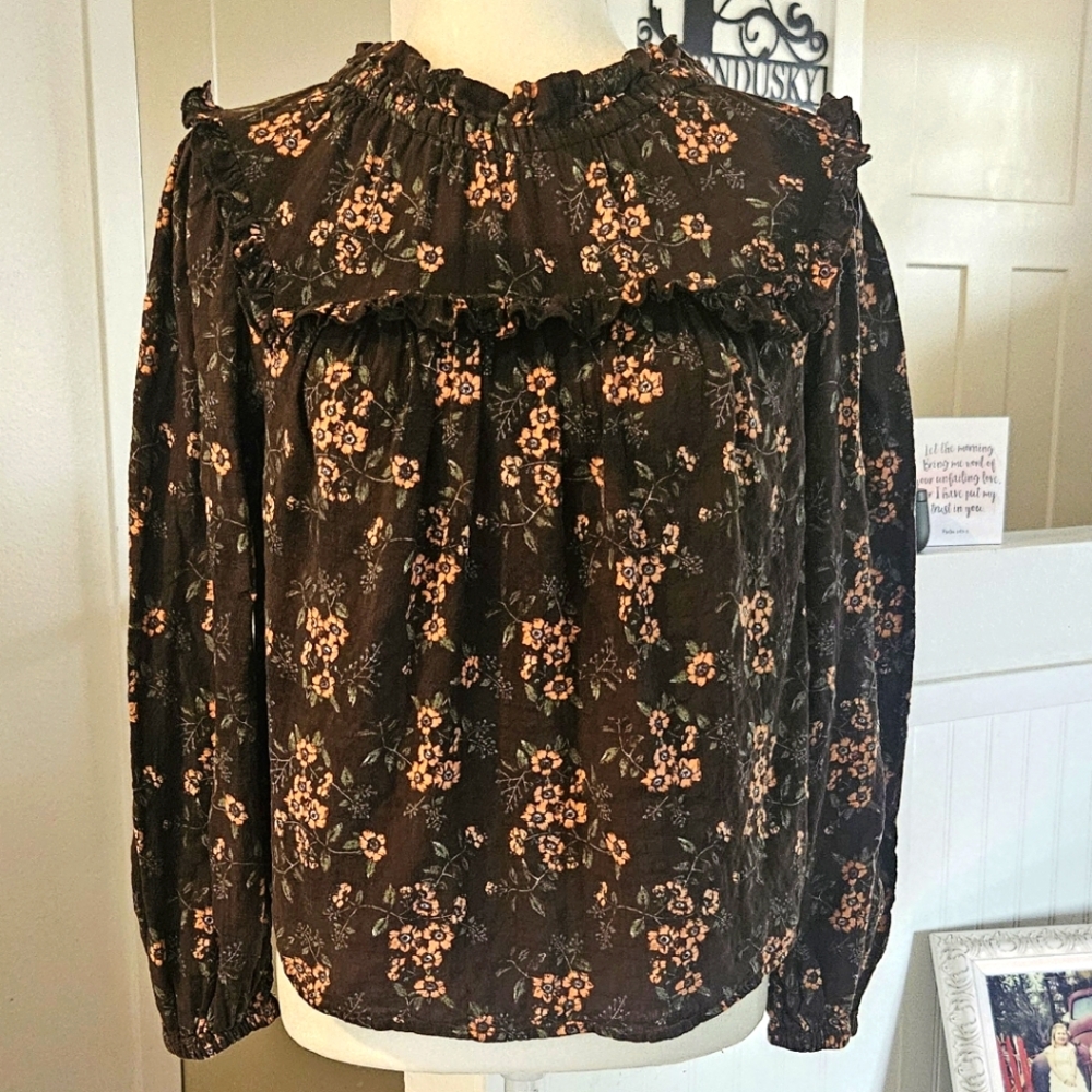 Gently Worn- A.N.A. - Brown Floral Ruffle Front Top - Size Small